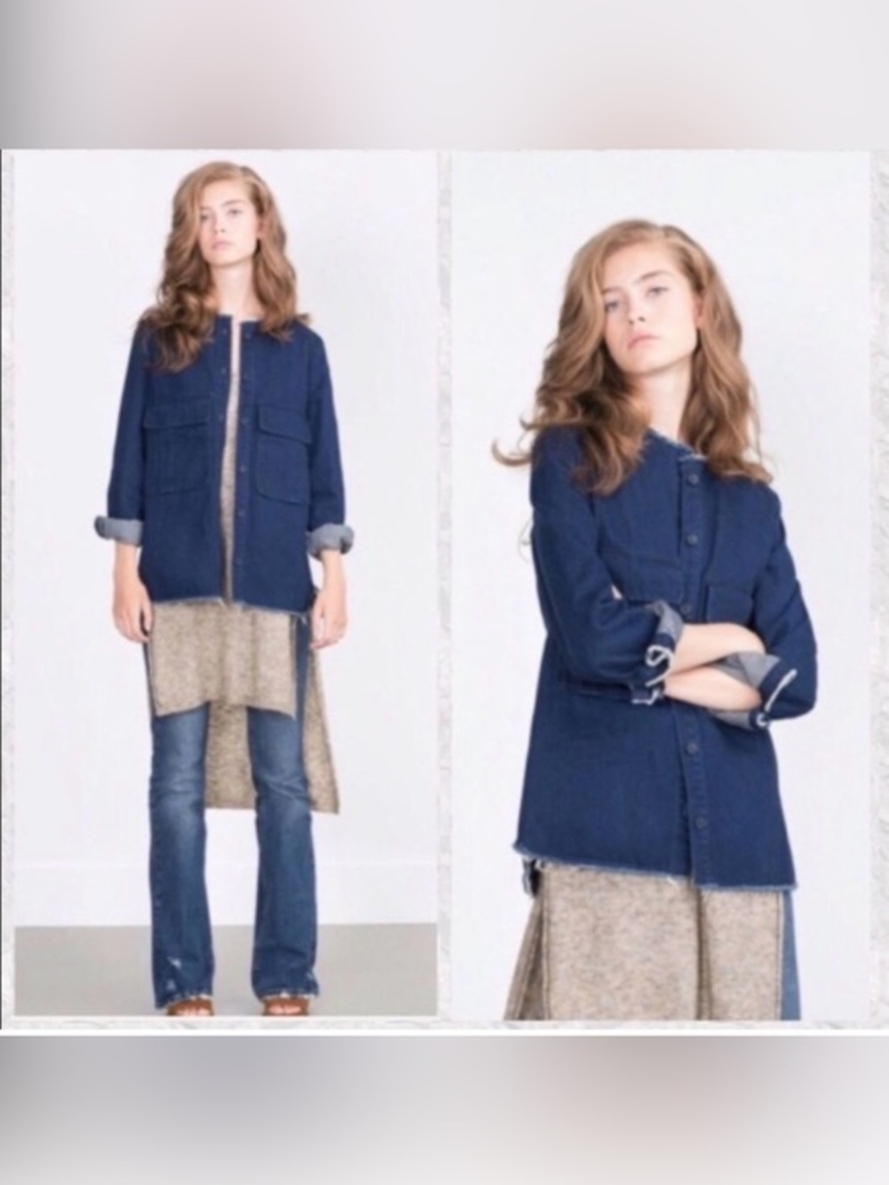 Zara Trafaluc dark wash raw frayed hem denim shacket heavy shirt jacket trucker